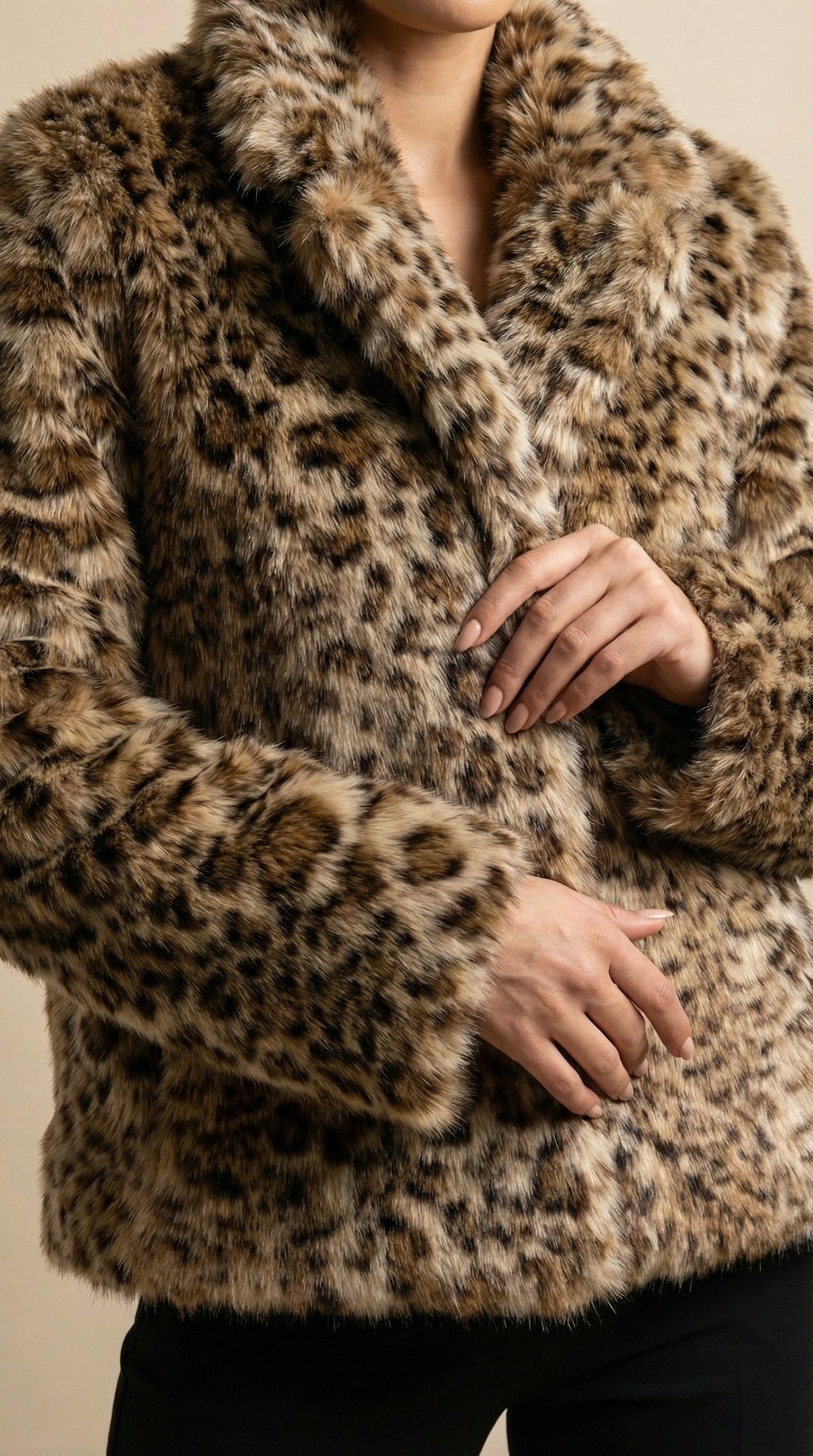 Kadın Leopar Desenli Teddy Ceket – Kısa boy Camel-Siyah