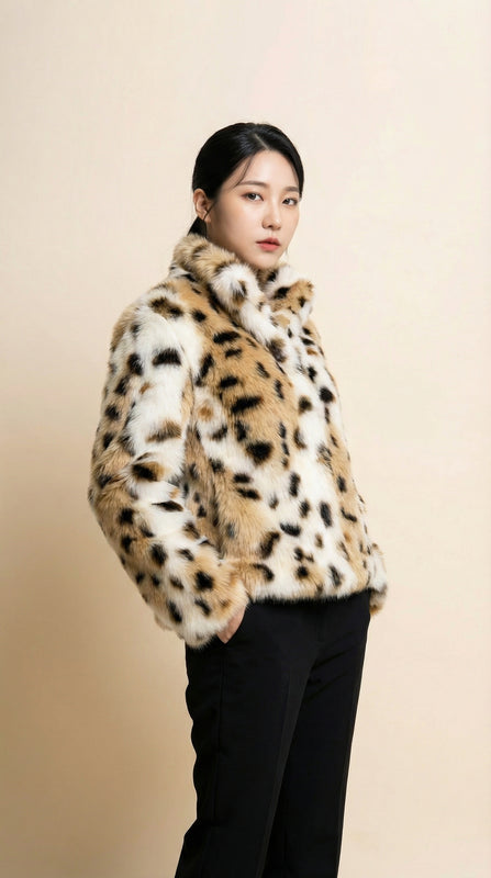Kadın Leopar Desenli Ceket – Kısa boy Camel-Siyah - 38 Beden