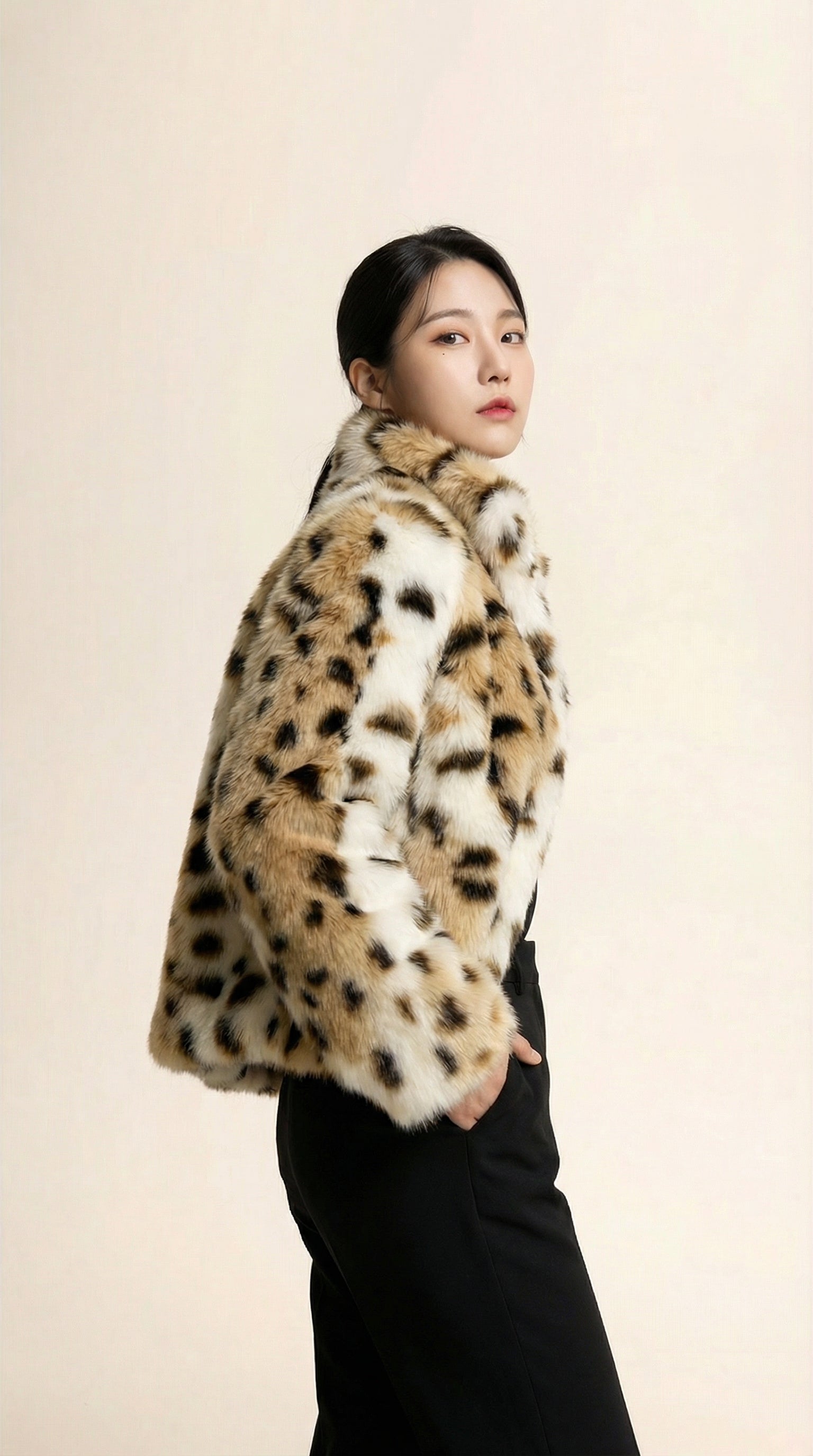 Kadın Leopar Desenli Ceket – Kısa boy Camel-Siyah